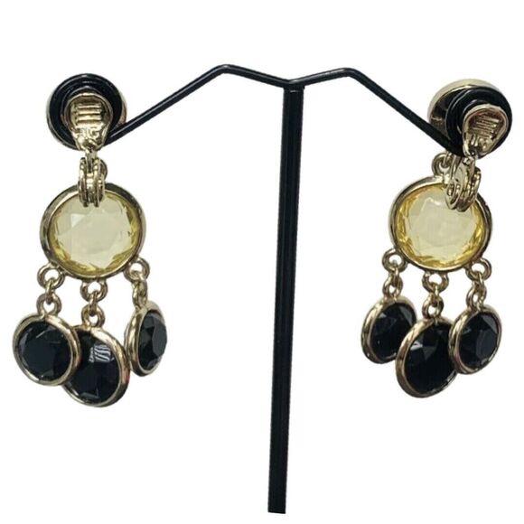 Jonette Rivoli Dangle Earrings 2"  Clip On Gold Tone Chandelier JJG Signed - Picture 6 of 8